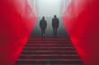 Two figures ascend symmetric red stairs, amidst magenta tints and carmine shades