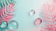 Pastel background with pink tropical leaves and water droplets