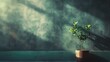 Potted plant with new leaves on window sill, shadows of foliage wall