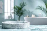 Fototapeta Natura - Marble podium for bathing product display on blurred bathroom background - generative ai