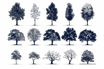 Wall Mural - Minimal style cad tree line drawing, Side view, set of graphics trees elements outline symbol for architecture and landscape design drawing. Vector illustration in stroke fill in white. Tropical, oak 