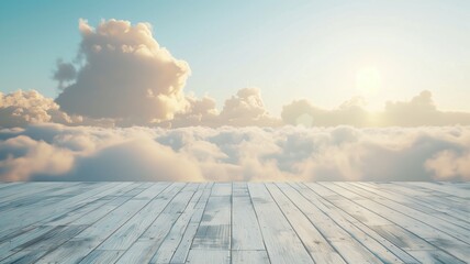 Wooden platform with scenic view of clouds and sun in sky