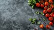 Fresh tomatoes and basil on textured dark background