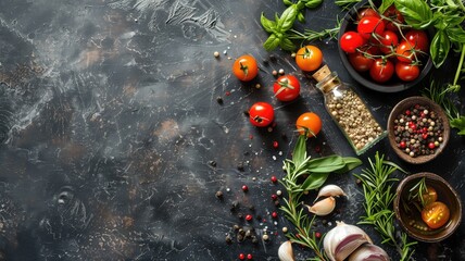 Sticker - Various fresh ingredients on dark surface, ideal for cooking Italian cuisine