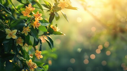 Wall Mural - sunlight streaming through blooming flowers on tree