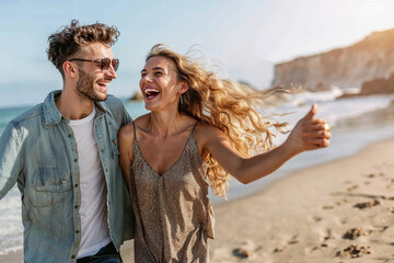 A man and a woman happily walking along the sandy beach on a sunny summer day.