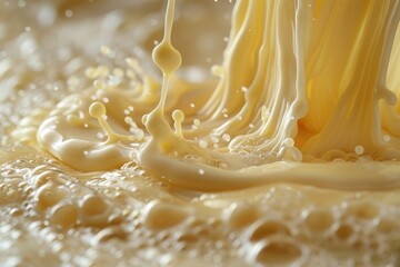 Poster - High-speed capture of cream-colored liquid frozen in action, creating a dynamic and mesmerizing splash effect