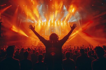 Wall Mural - An enthusiastic concert-goer with arms raised, fully immersed in the electrifying atmosphere