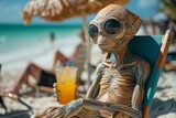 A fantastical alien figurine lounges leisurely on a beach chair, sipping on a cold glass of orange juice, evoking a surreal holiday experience