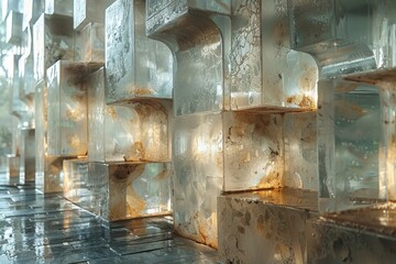 Poster - Golden sunlight streams through textured frosted glass blocks, creating a warm, reflective atmosphere