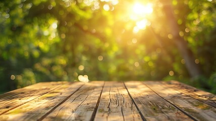 Wall Mural - warm sunlight filtering through green leaves onto rustic wooden table
