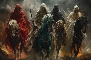 apocalyptic quartet: 4 horsemen of the apocalypse - the mythical figures symbolizing conquest, war, 