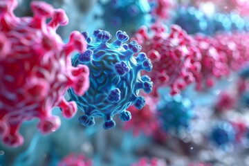 Poster - A vibrant 3D image illustrating a group of viruses with colors highlighting their outer protein layers