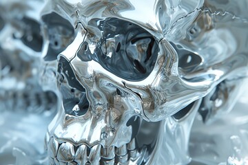 Poster - A digital rendering of a reflective liquid silver material shaped like a human skull, capturing light and shadows