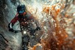 A motorcyclist in red gear splashes dynamically through water, showcasing speed, adventure, and the thrill of extreme sports