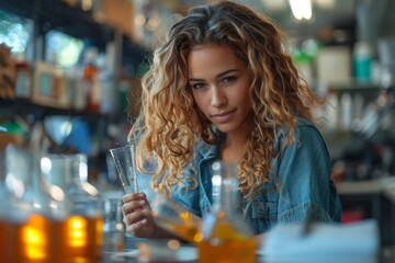 Poster - A young woman with curly hair is focused on a lab experiment, holding a test tube in a chemical laboratory