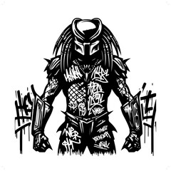 alien predator silhouette, horror character in graffiti tag, hip hop, street art typography illustra