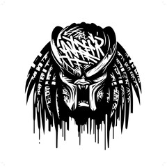 alien predator silhouette, horror character in graffiti tag, hip hop, street art typography illustra