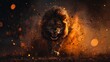 An angry lion with an open mouth. expression of anger. Portrait of a big male lion with open mouth on a dark background. Big male lion in fire on black background. Wildlife scene with big cat. 