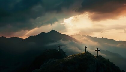 The Christianity themed on a background with dramatic at dawn, the spirit of preaching the Gospel throughout the world. A beautiful sea of ​​clouds, dark clouds and sky and sunbeams