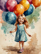 Cute little smiling girl with colorful balloons in her hand. Happy childhood concept.