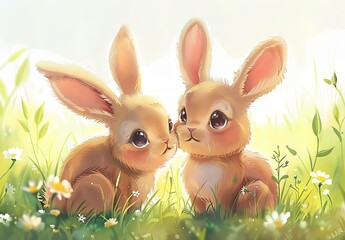 Cute bunnies: adorable bunny art featuring chubby cheeks, expressive eyes. Easter-themed content