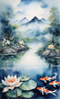 watercolor illustration, pond with koi fish, work on emerald porcelain, painting for printing and decoration of office, home,