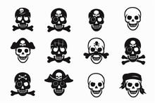 Set Of Cute Human Skull Icon Illustration Vector, Pirate Symbol Vector Icon, White Background, Black Colour Icon