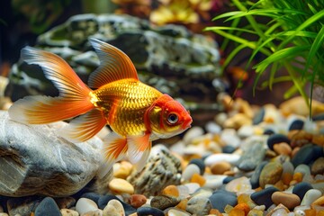 Vibrant goldfish amongst aquatic flora and rock décor