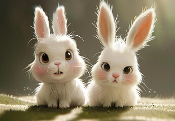 Cute bunnies: adorable bunny art featuring chubby cheeks, expressive eyes. Easter-themed content