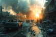 The image depicts the devastating impact of war with structures ablaze and abandoned vehicles on a desolated city street