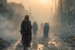 This haunting image captures civilians traversing a smoke-filled street in the aftermath of a destructive conflict