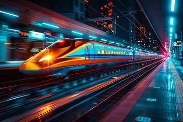 Poster - A sleek, high-speed train moves elegantly through a technicolor cityscape, signaling the future of urban transportation