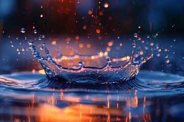 Poster - Water drops create a crown-like splash against an orange and blue backdrop, with reflections and light bokeh