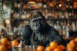 A gorilla in an apron stands behind a bar with multiple fruits, serving as a bartender in a pub setting
