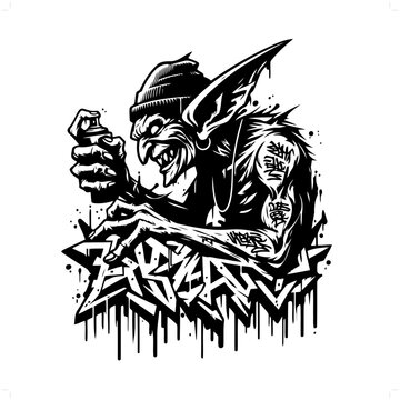 goblin silhouette, people in graffiti tag, hip hop, street art typography illustration.