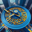 High Angle View of Futuristic Labyrinth Maze Garden made with Blue and Yellow Colors Mysterious Journey of Twisting Paths Pathways in Circuit Exploration Scene Intertwined in Complex Geometric Puzzle 