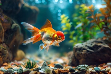 Goldfish bliss. Wandering through aquatic greenery and rocks