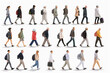 Set of walking people on an isolated background. Men and women, boys and girls, grandparents go side view 3D avatars set vector icon, white background, black colour icon