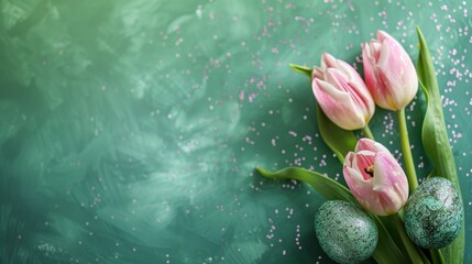 Sticker - Two pink tulips and two green eggs on green surface