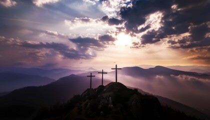 Wall Mural - The Christianity themed on a background with dramatic at dawn, the spirit of preaching the Gospel throughout the world. A beautiful sea of ​​clouds, dark clouds and sky and sunbeams