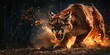 Beautiful big puma with fire on black background. Wildlife scene. Angry big cat in fiery ambience.
