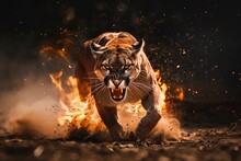 Angry Puma With Open Mouth And Fiery Mane, Glowing Yellow Eyes, Jumping, Blue Fire Flames And Sand At Night Background. Intense Panther With Fierce Glowing Eyes In Blue Fiery Ambience