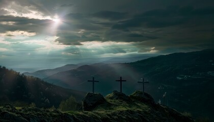 The Christianity themed on a background with dramatic at dawn, the spirit of preaching the Gospel throughout the world. A beautiful sea of ​​clouds, dark clouds and sky and sunbeams