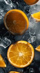 Wall Mural - A close-up of sliced ripe oranges displayed with ice around them in a refreshing and delicious scene. Juicy orange with the freshness of ice in advertising photography.
