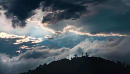 The Christian themed on a background with dramatic at dawn, with a beautiful sea of ​​clouds, dark clouds and sky and sunbeams