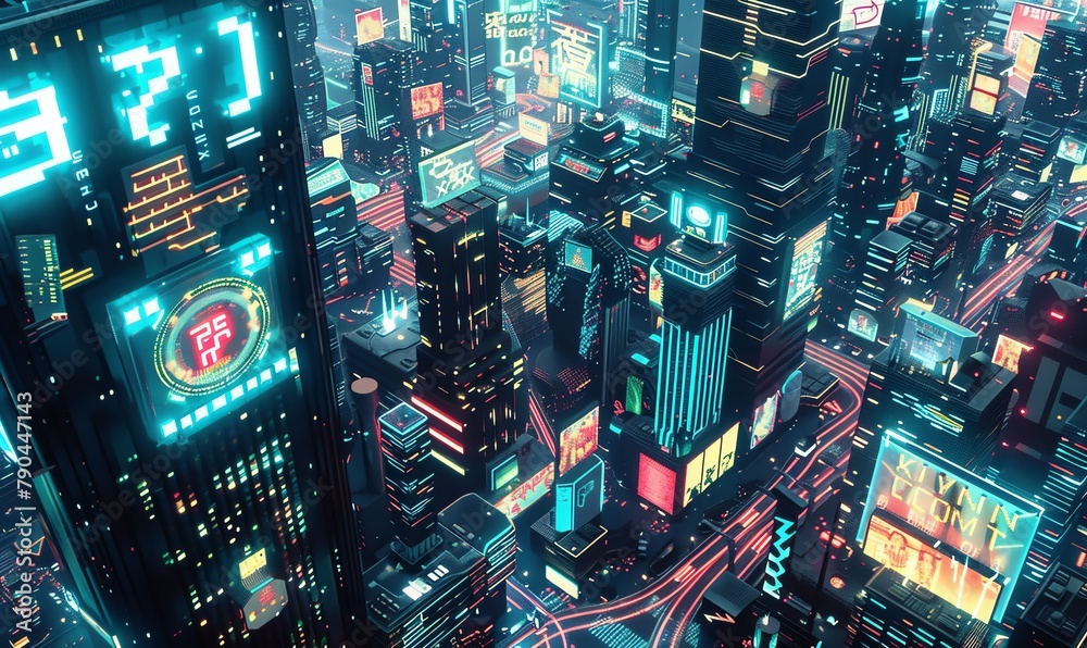 Create a digital artwork of an expansive cyberpunk metropolis seen from ...