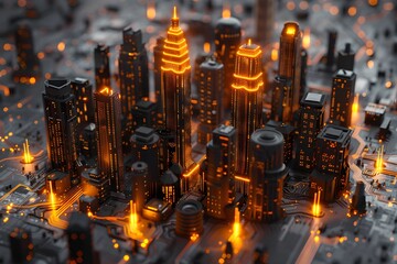 Wall Mural - A close-up shot of a city building sitting on an electronic board emitting orange electroluminescence.