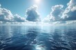 Photo of an open sea horizon with beautiful clouds and shining sun on a clear day