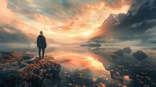 A Person Stands On A Rocky Shore, Gazing Out Over A Serene Lake Reflecting The Warm Colors Of A Sunset. The Background Features Majestic Mountains With Their Peaks Partially Obscured By Clouds. A Floc